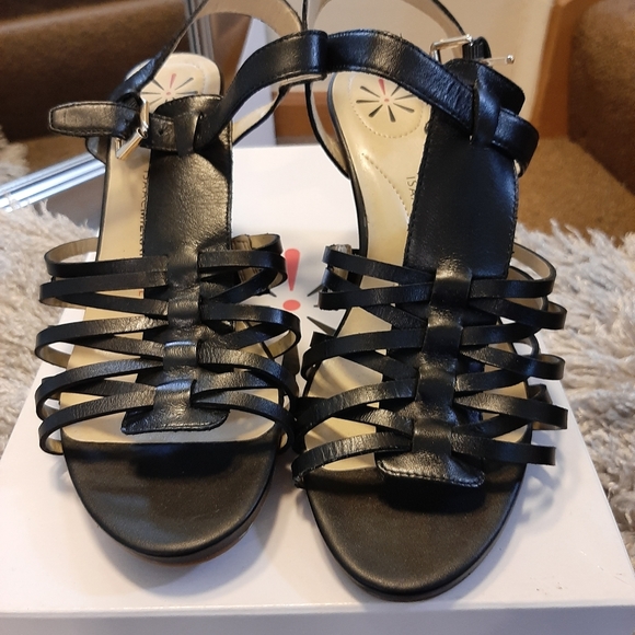 Free Shipping Issac Misrahi Black Leather wedge heel sandals. Size 8 - Picture 3 of 16